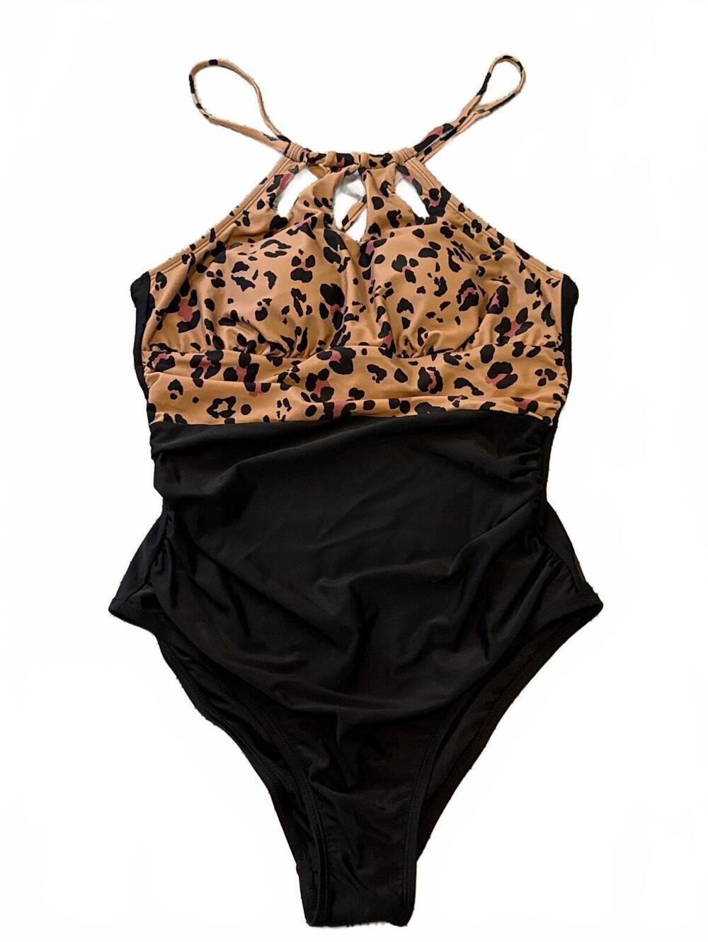 Cupshe Leopard Print Black Ruched One Piece Swimsuit Women's Size M Medium NWT